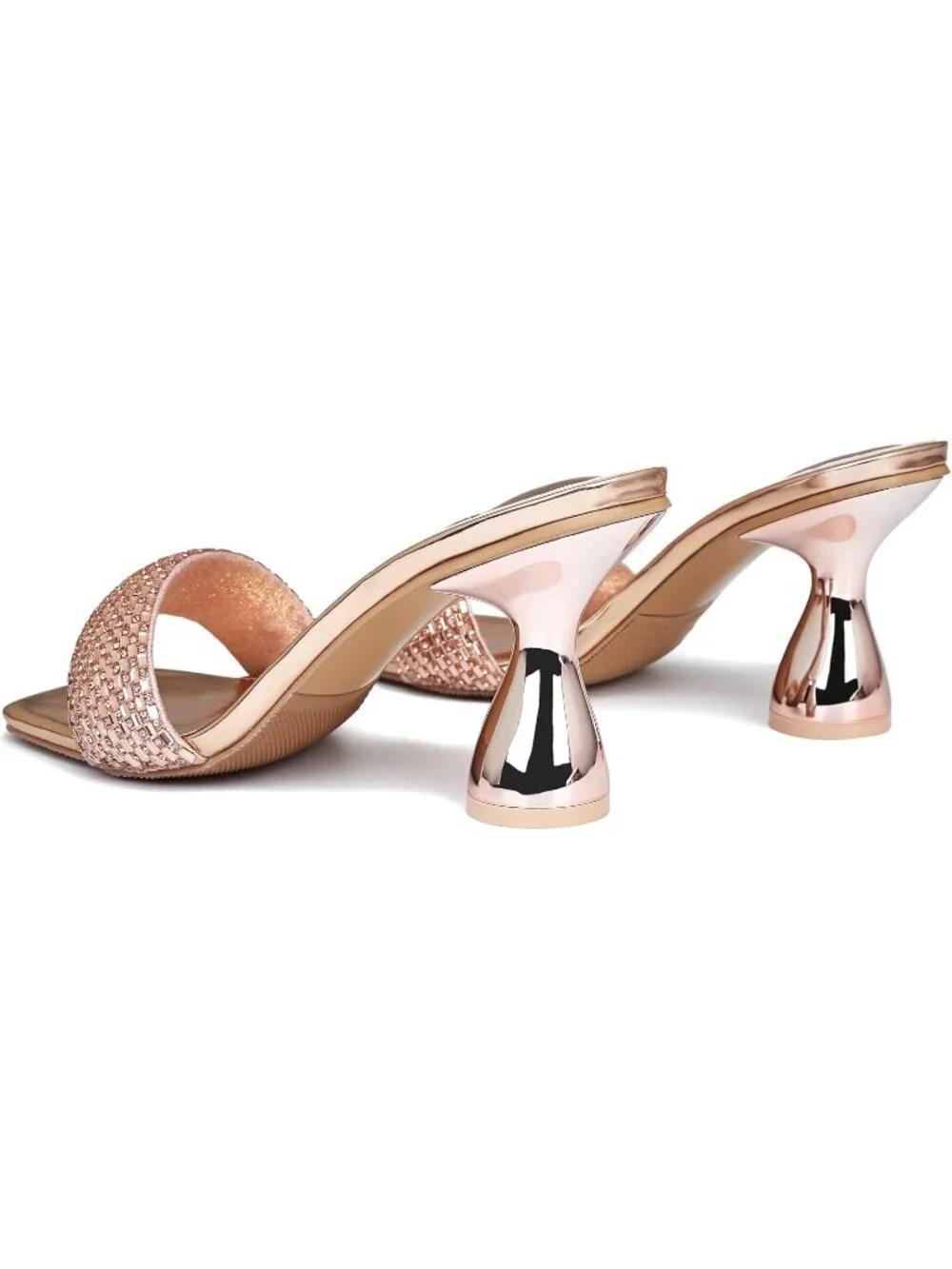 Women's Champagne Rhinestone Square Open Toe 3.15 IN Square Kitten Heels Sandals